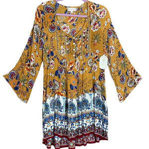 ALTAR'D State Mustard Yellow Bell Sleeve Boho Floral Dress Size Small NWT